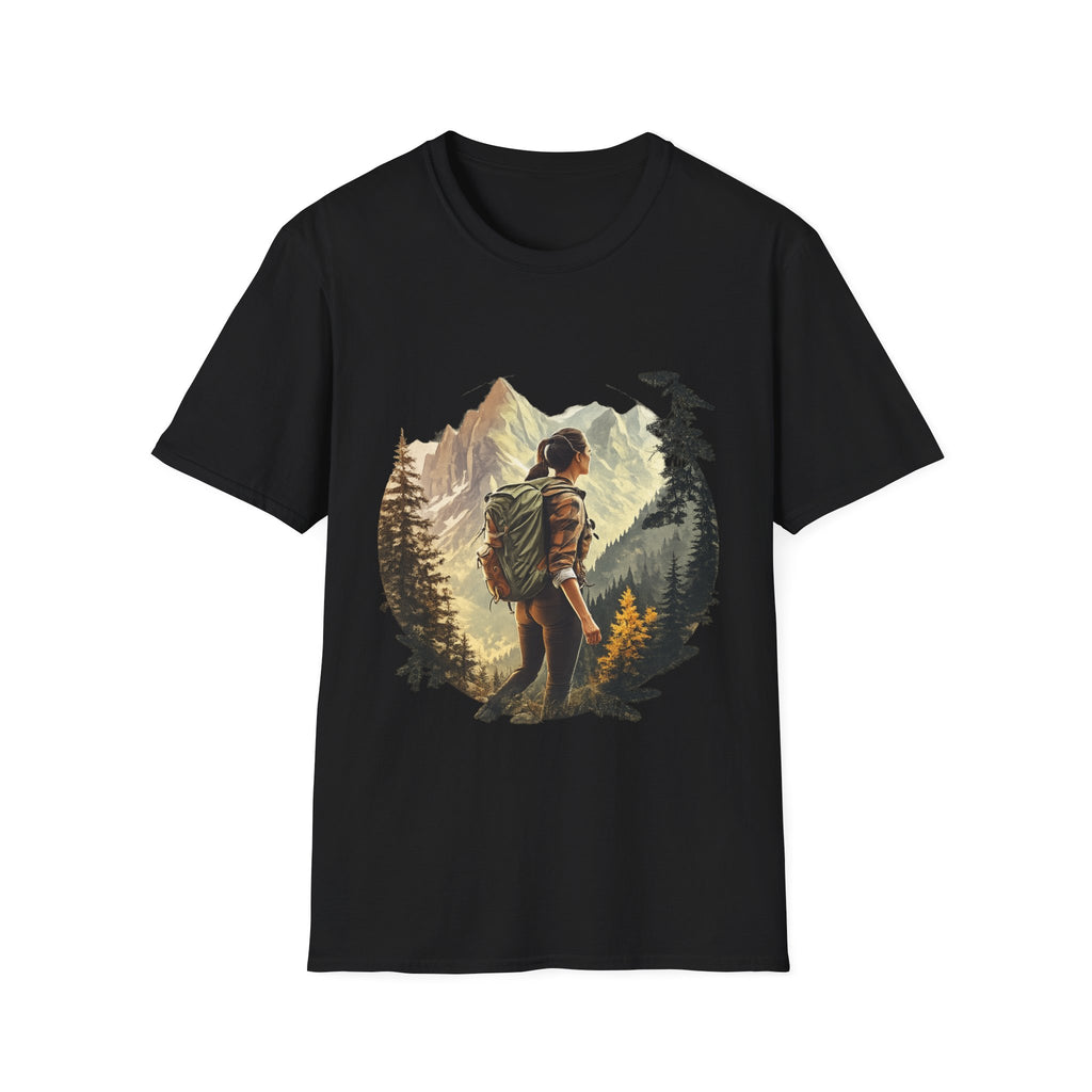 Hiker Mountain Scene T-Shirt — Adventure Backpacking Nature Graphic